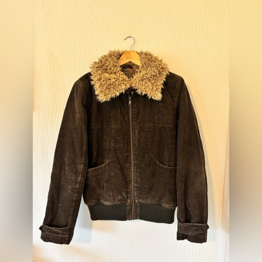 Vintage Brown Corduroy Fleece Lined with Tan Sherpa Collar Zip Up Bomber Jacket - Picture 8 of 10